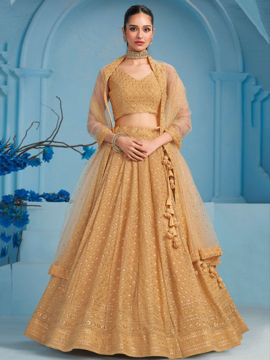 Golden Beige Sequins Work Georgette Lehenga Choli Set with Net Dupatta