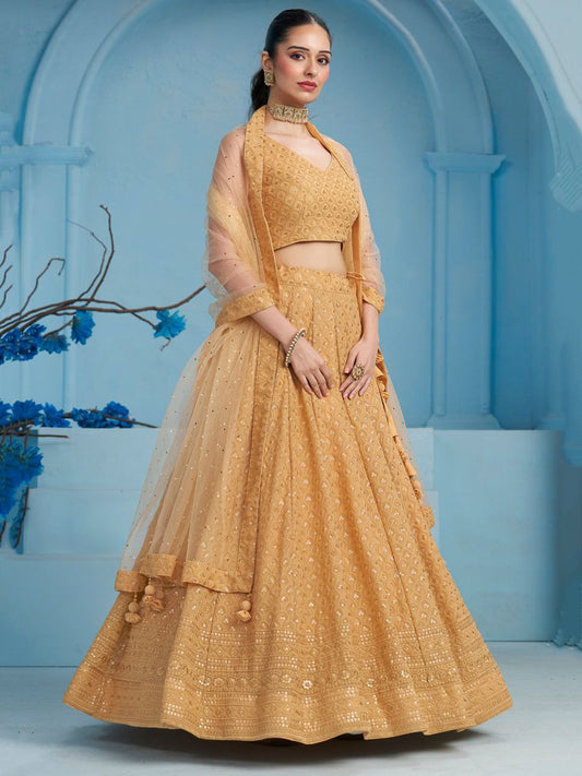 Golden Beige Sequins Work Georgette Lehenga Choli Set with Net Dupatta