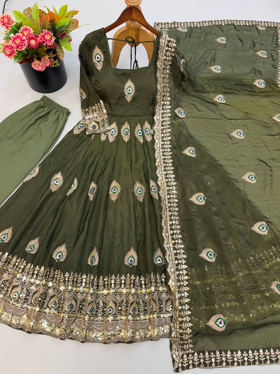 White Anarkali Gown with Peacock Feather Embroidery & Golden Lace Dupatta