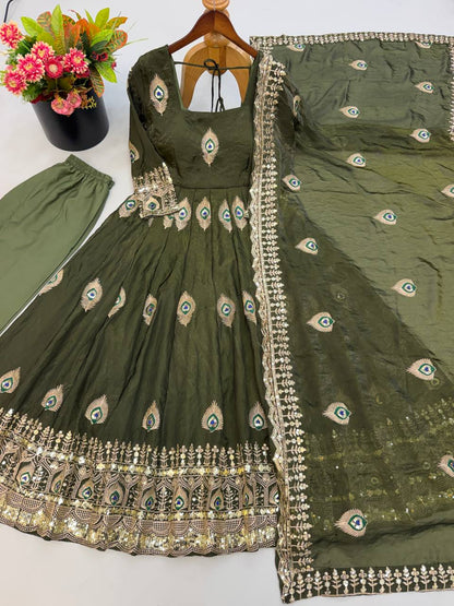White Anarkali Gown with Peacock Feather Embroidery & Golden Lace Dupatta