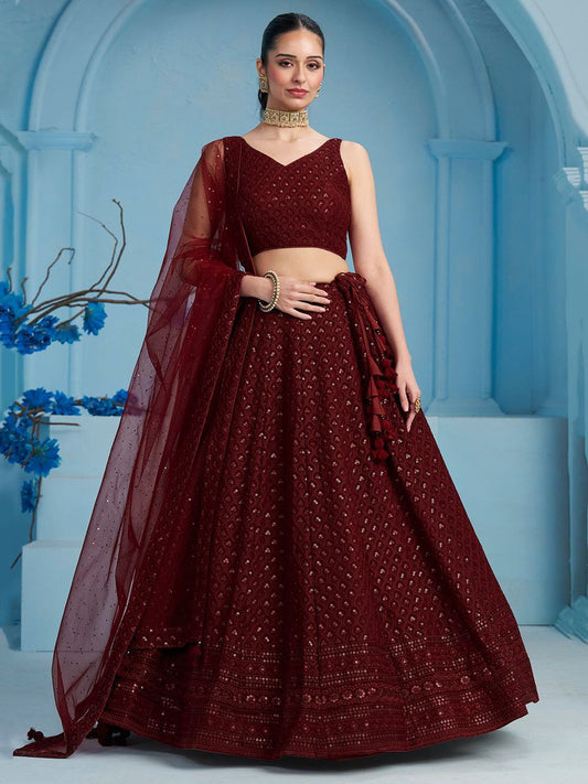deep maroon Sequins Work Georgette Lehenga Choli Set with Net Dupatta