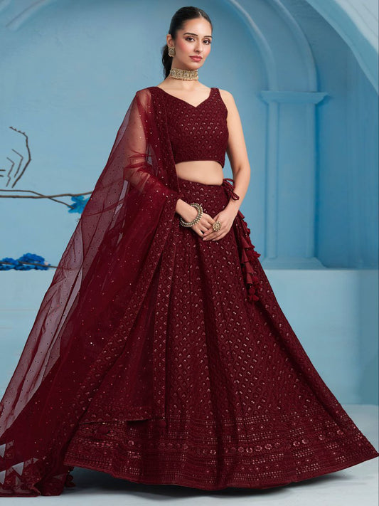 deep maroon Sequins Work Georgette Lehenga Choli Set with Net Dupatta