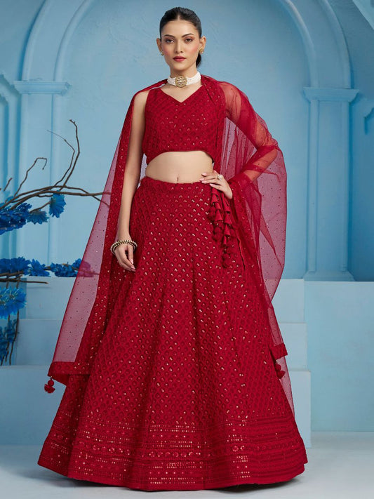 Dark Red  Sequins Work Georgette Lehenga Choli Set with Net Dupatta