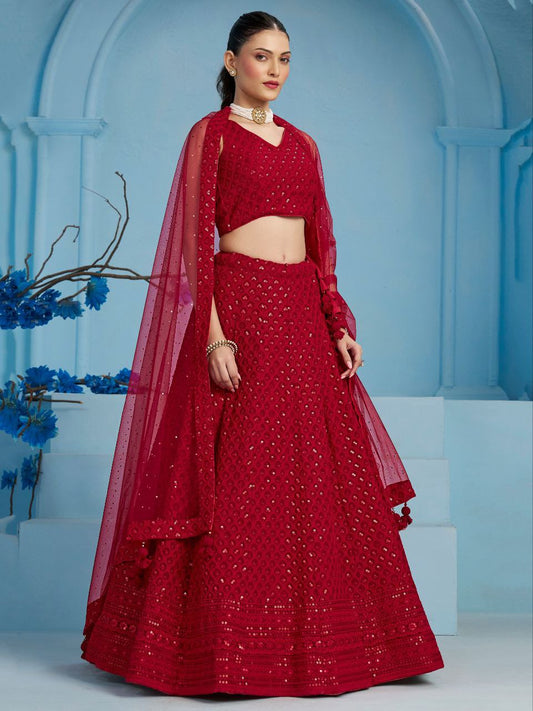 Dark Red  Sequins Work Georgette Lehenga Choli Set with Net Dupatta