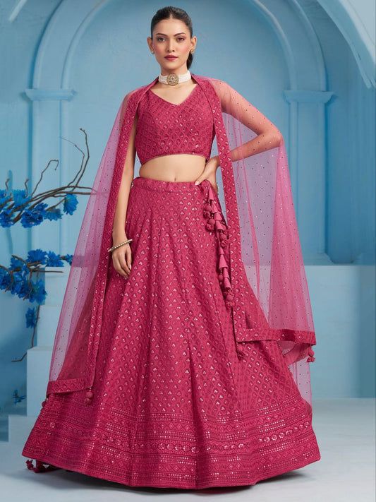 Rani Pink Sequins Work Georgette Lehenga Choli Set with Net Dupatta