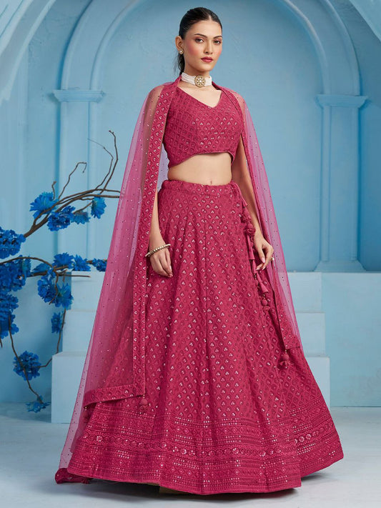 Rani Pink Sequins Work Georgette Lehenga Choli Set with Net Dupatta