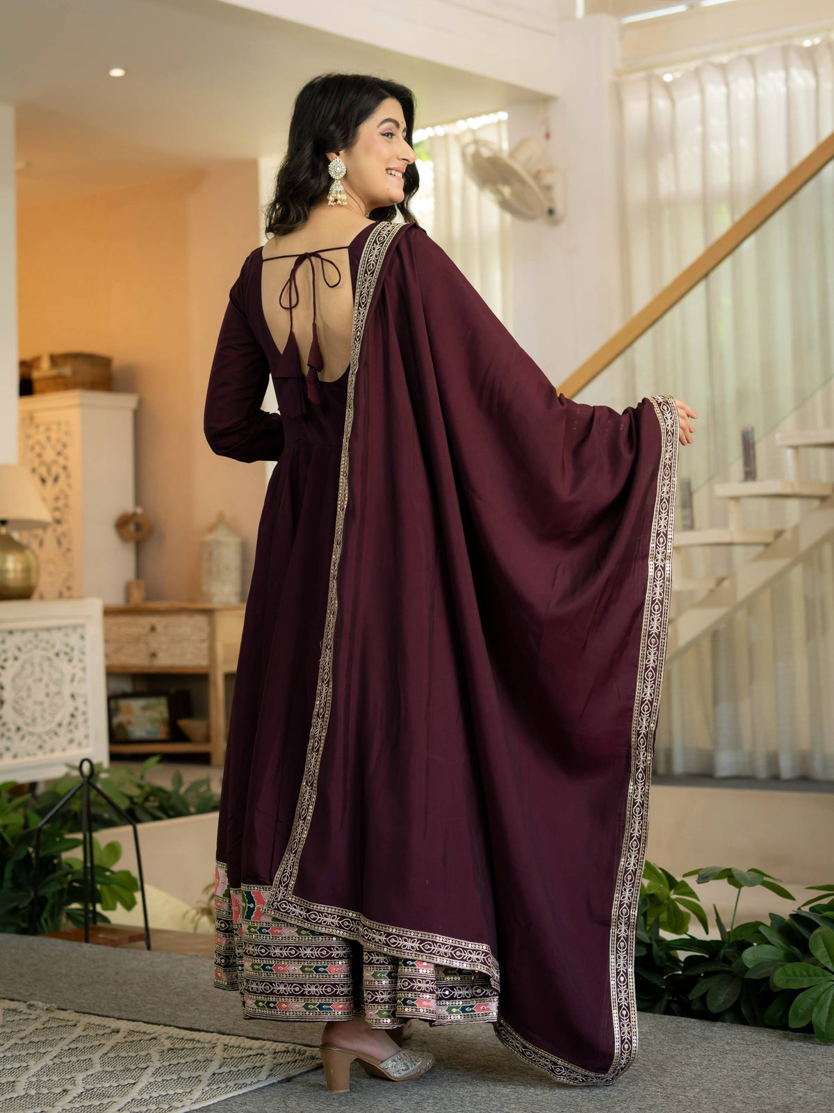 Wine Maroon Anarkali Gown with Multicolor Embroidered Border & Dupatta