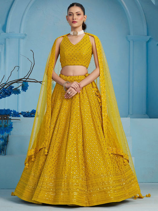 Mustard Yellow Sequins Work Georgette Lehenga Choli with Dupatta