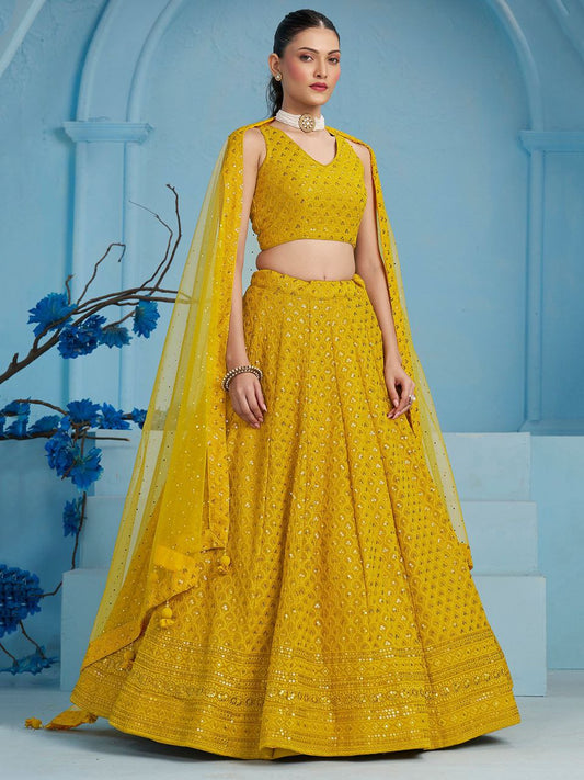 Mustard Yellow Sequins Work Georgette Lehenga Choli with Dupatta