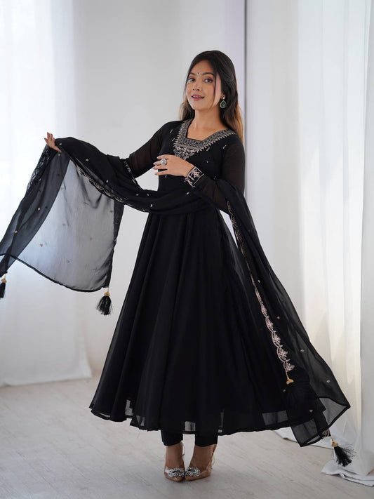 Elegant Black Anarkali Suit with Embroidered Dupatta