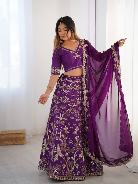 Purple embroidered lehenga choli with golden zari work