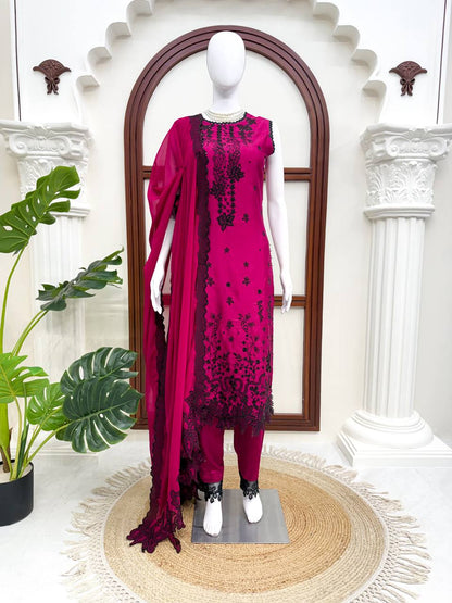 Hania Aamir inspired Magenta Roman Silk Embroidered Suit with Georgette Dupatta