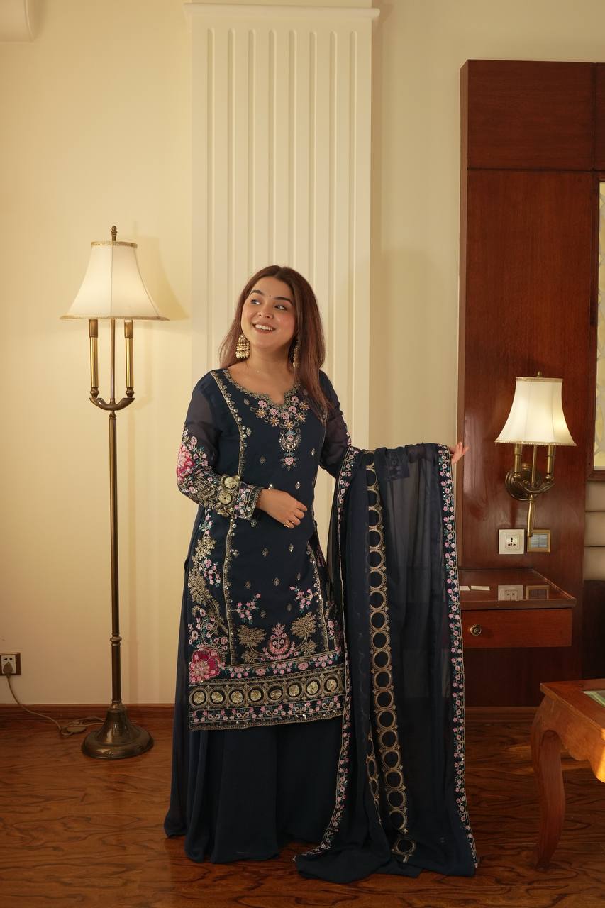 Black Georgette Embroidered Kurti Palazzo Set with Dupatta