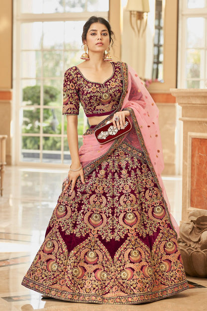 Maroon Embroidered Bridal Lehenga Choli with Pink Dupatta