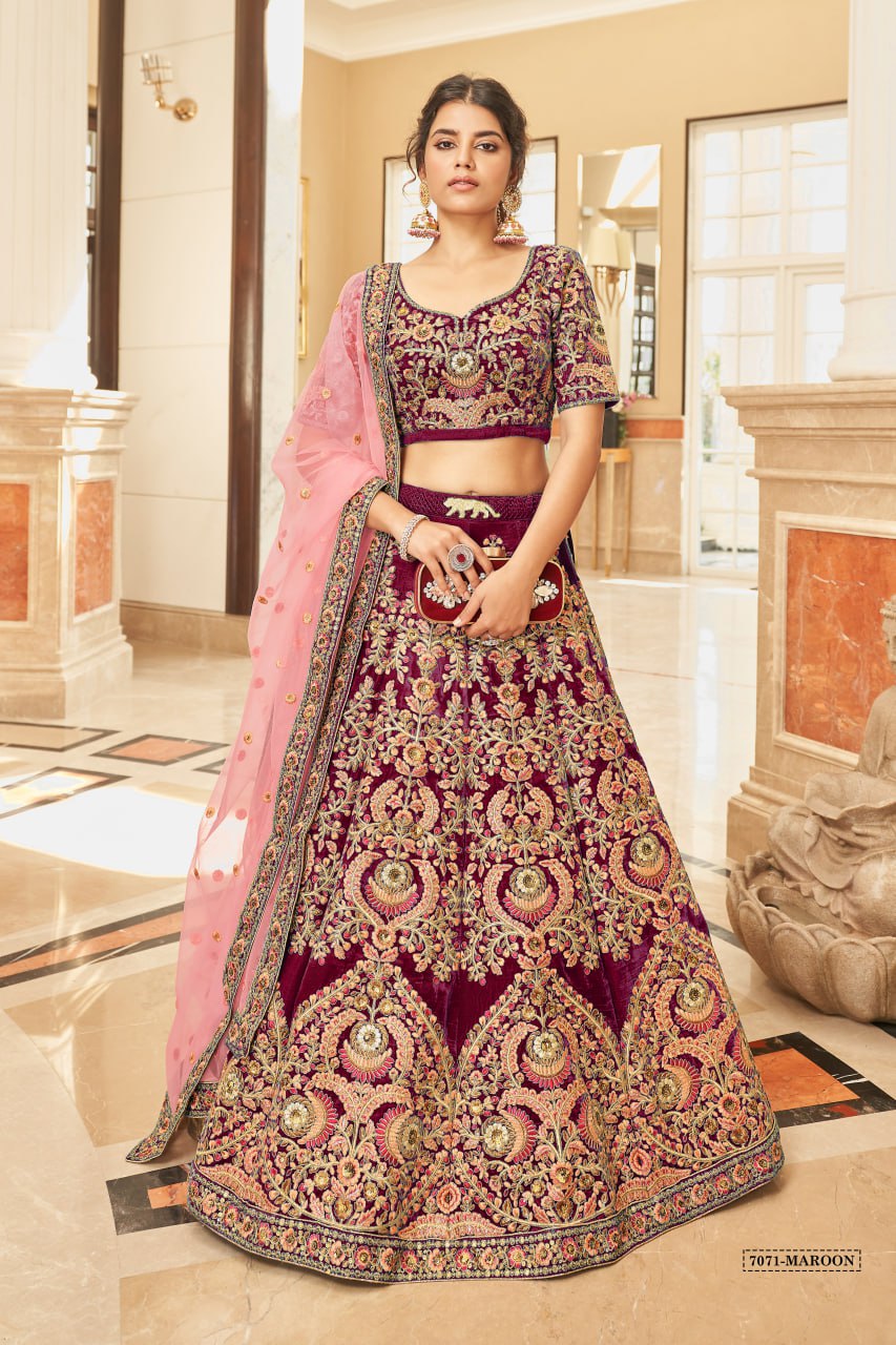Maroon Embroidered Bridal Lehenga Choli with Pink Dupatta