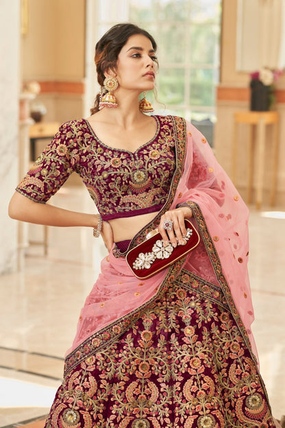 Maroon Embroidered Bridal Lehenga Choli with Pink Dupatta