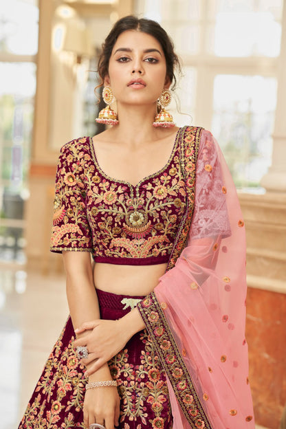 Maroon Embroidered Bridal Lehenga Choli with Pink Dupatta