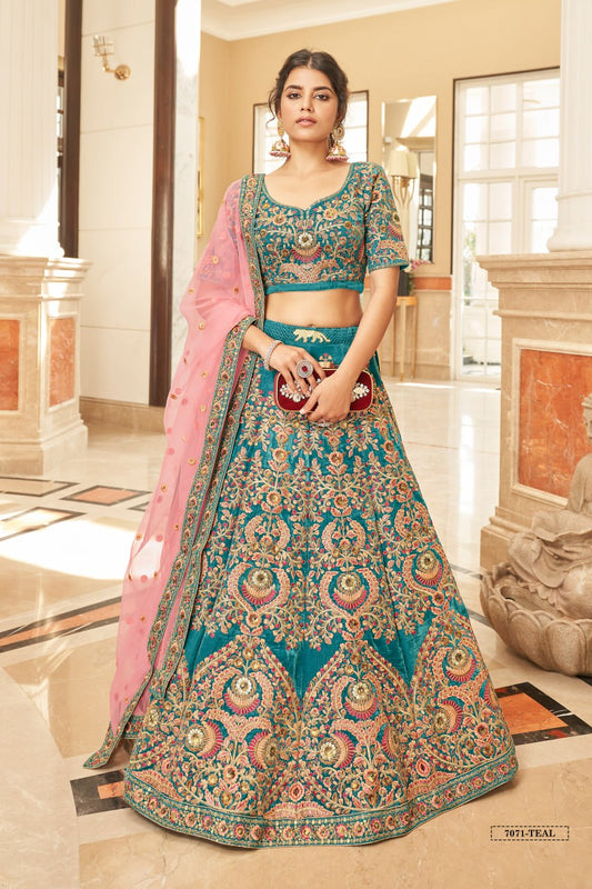 Teal Embroidered Bridal Lehenga Choli with Pink Dupatta