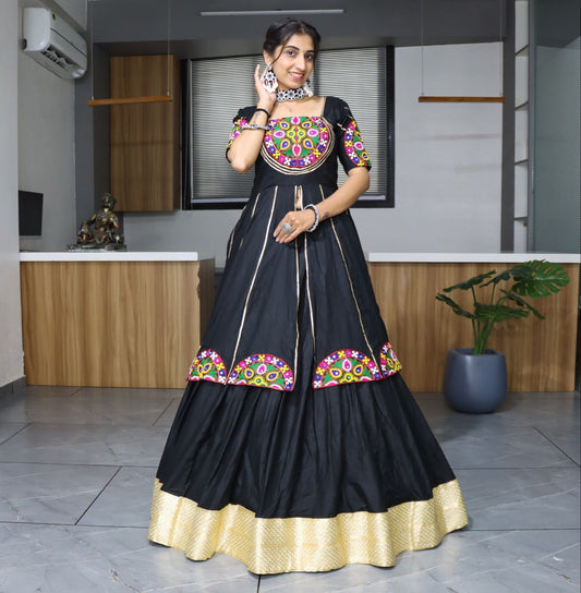 Black multi colored embroidered navratri kurti lehenga set