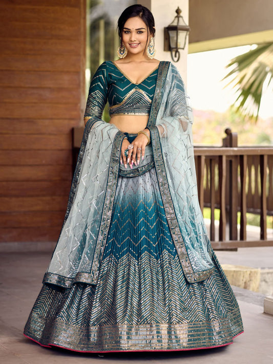 Elegant Teal Blue Sequin thread Work Lehenga Choli for Bridal & Party Wear