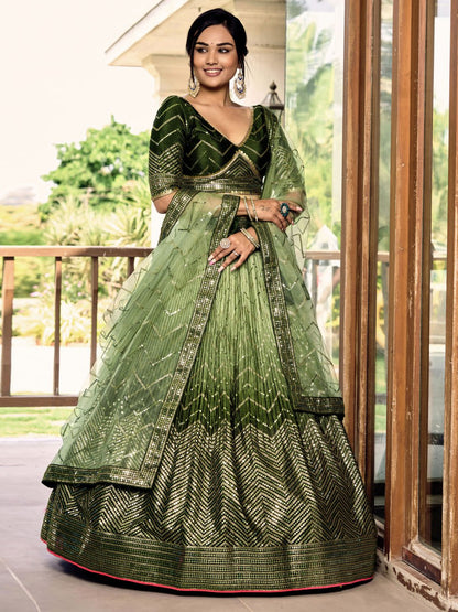 Stylish Olive Green Sequins Work Lehenga Choli with Net Dupatta for wedding