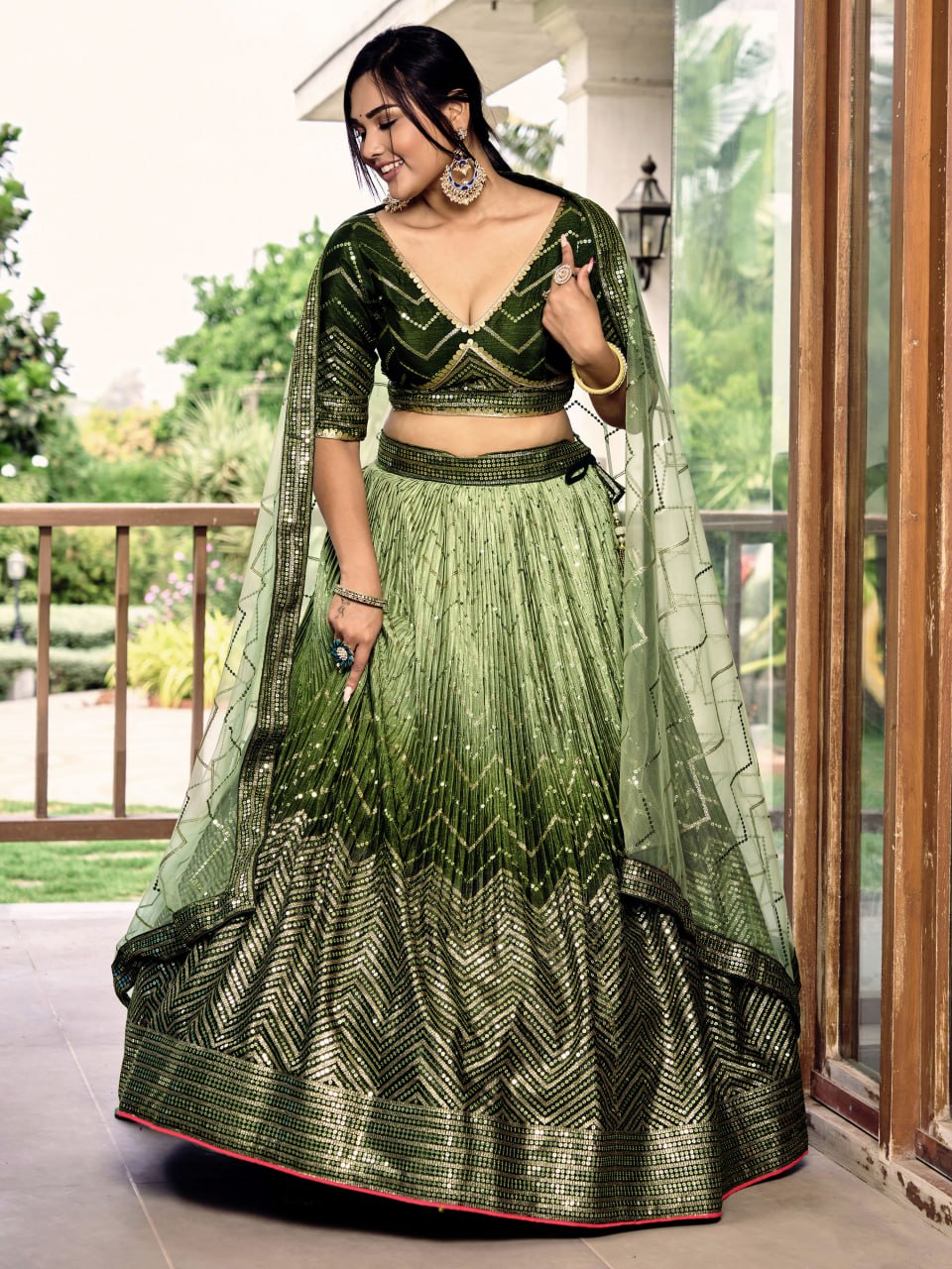 Stylish Olive Green Sequins Work Lehenga Choli with Net Dupatta for wedding