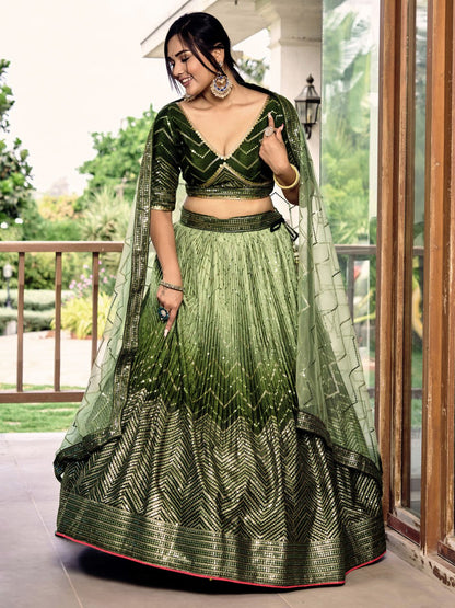 Stylish Olive Green Sequins Work Lehenga Choli with Net Dupatta for wedding