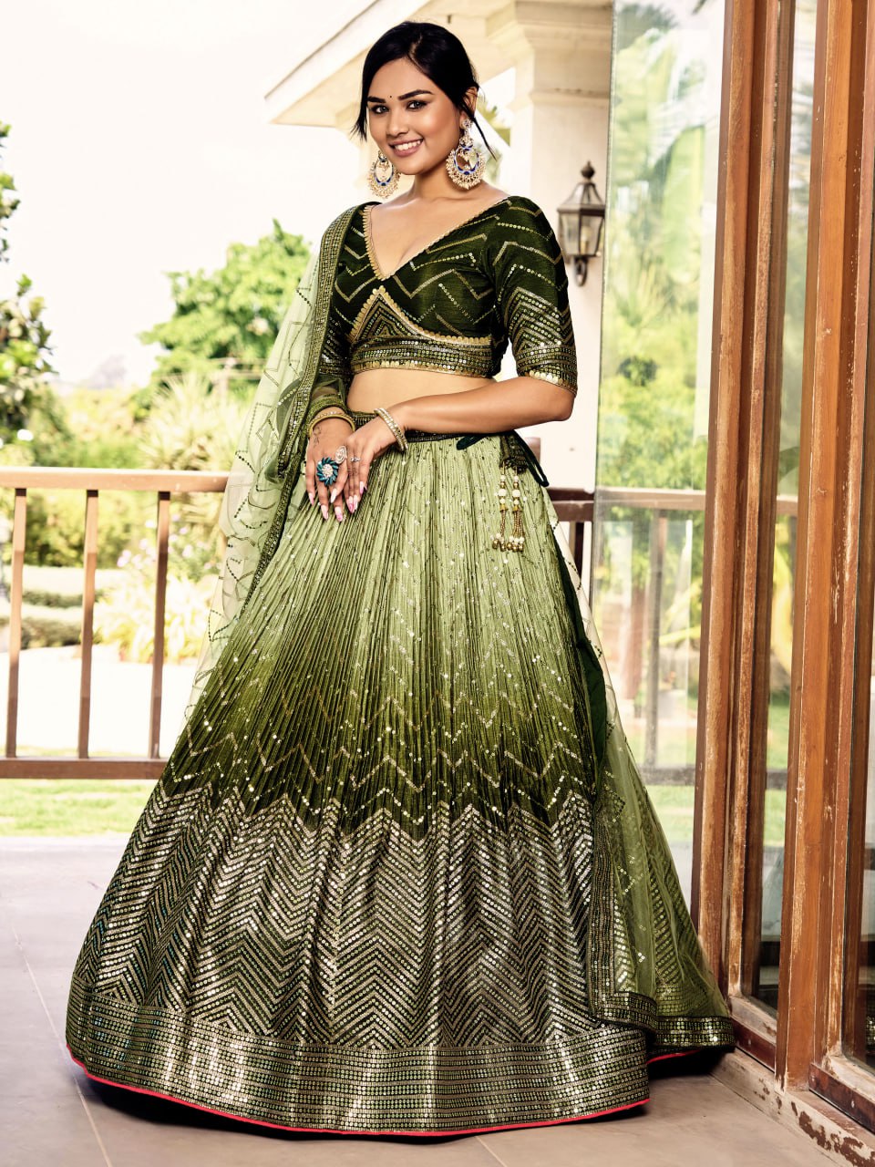 Stylish Olive Green Sequins Work Lehenga Choli with Net Dupatta for wedding