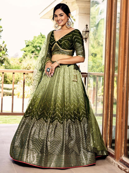 Stylish Olive Green Sequins Work Lehenga Choli with Net Dupatta for wedding