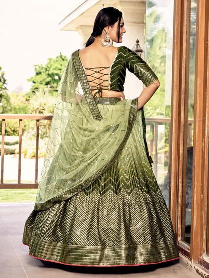 Stylish Olive Green Sequins Work Lehenga Choli with Net Dupatta for wedding