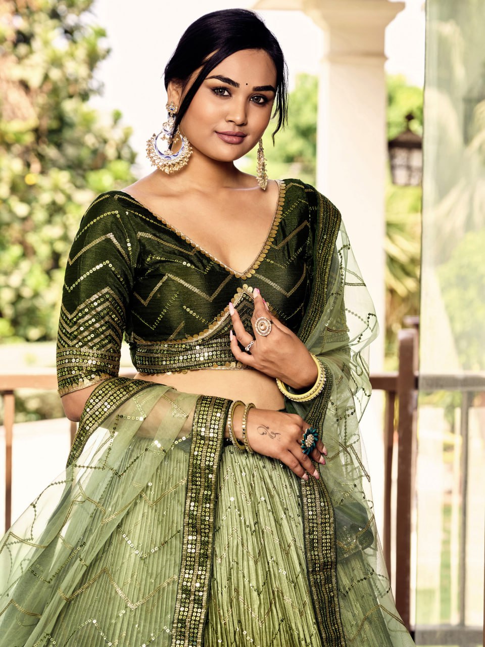 Stylish Olive Green Sequins Work Lehenga Choli with Net Dupatta for wedding