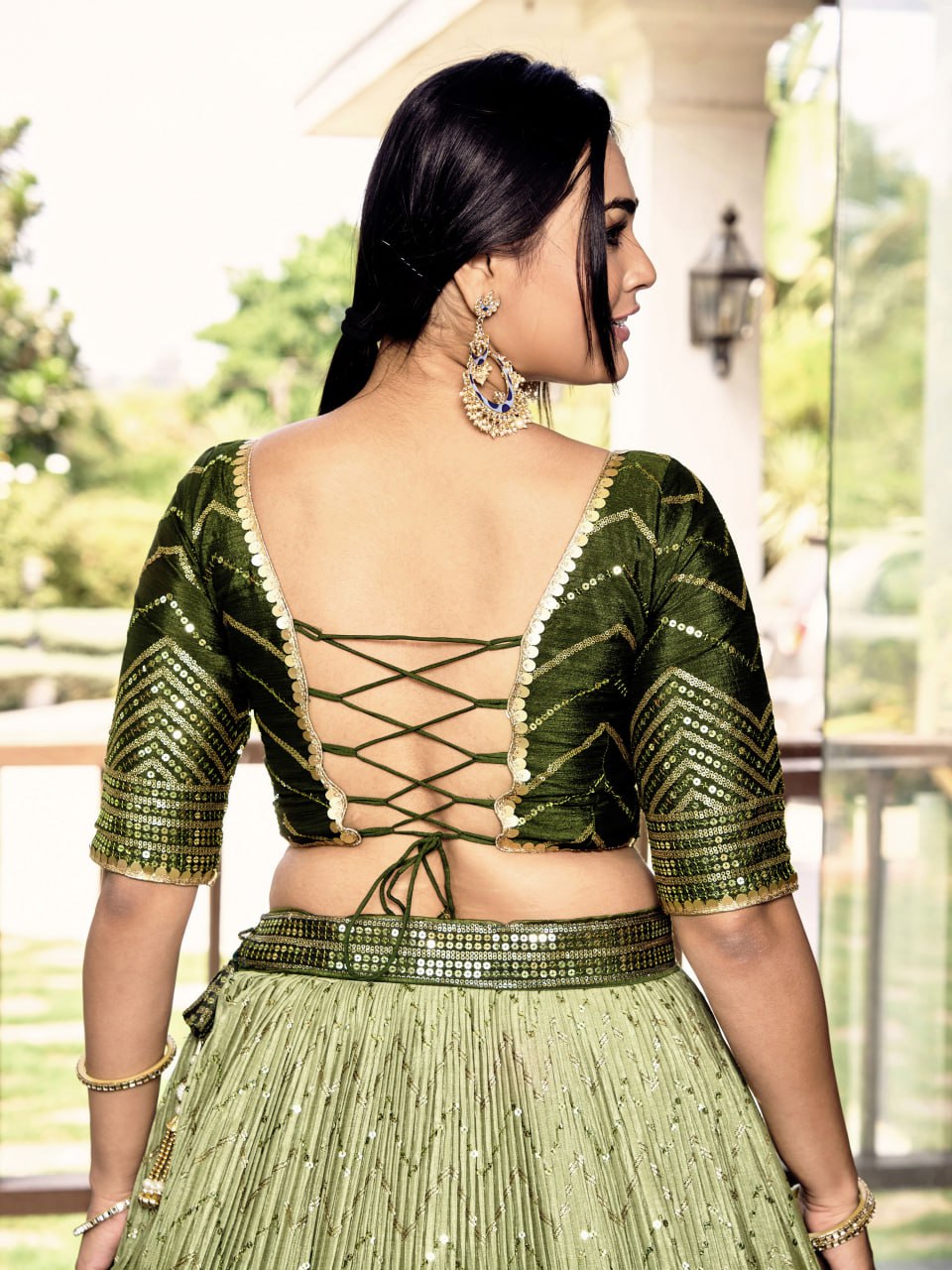 Stylish Olive Green Sequins Work Lehenga Choli with Net Dupatta for wedding