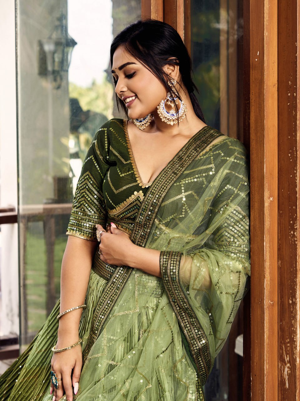Stylish Olive Green Sequins Work Lehenga Choli with Net Dupatta for wedding