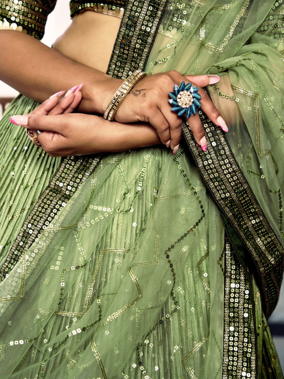 Stylish Olive Green Sequins Work Lehenga Choli with Net Dupatta for wedding