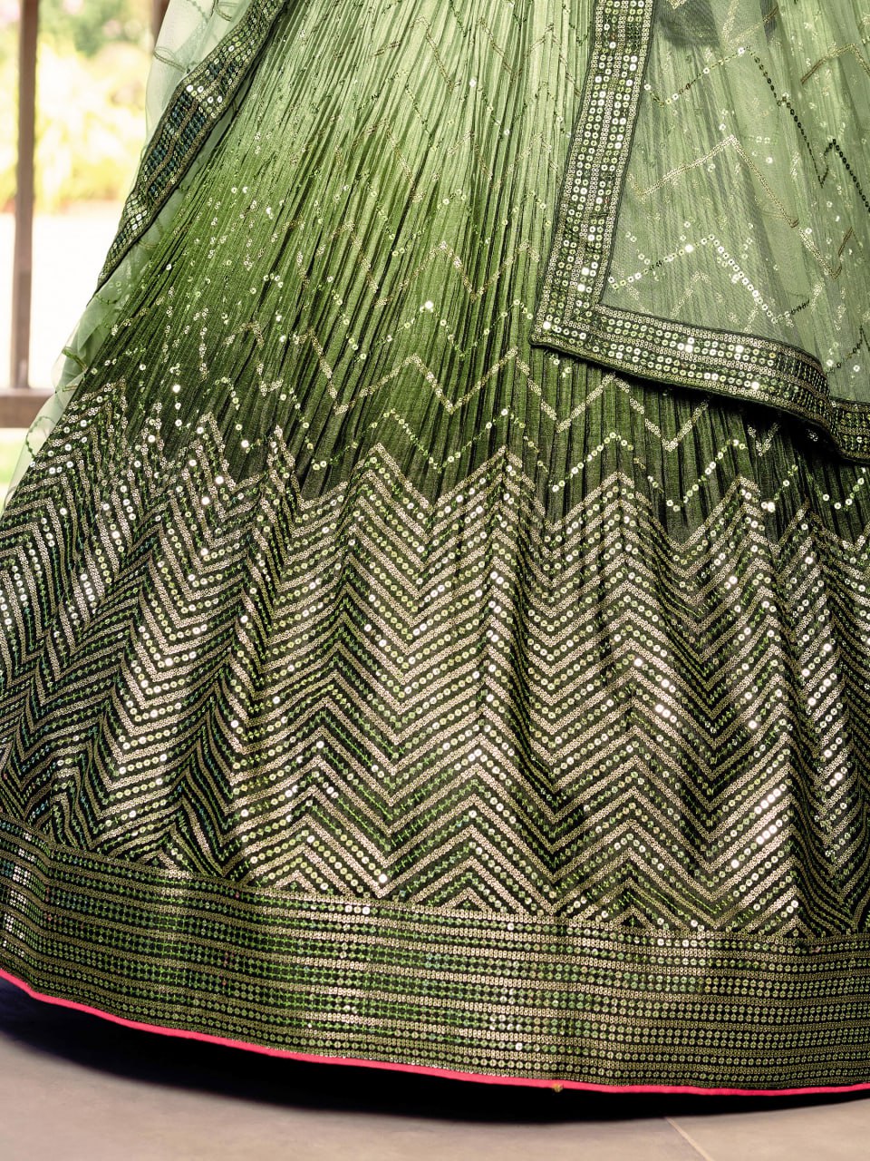 Stylish Olive Green Sequins Work Lehenga Choli with Net Dupatta for wedding