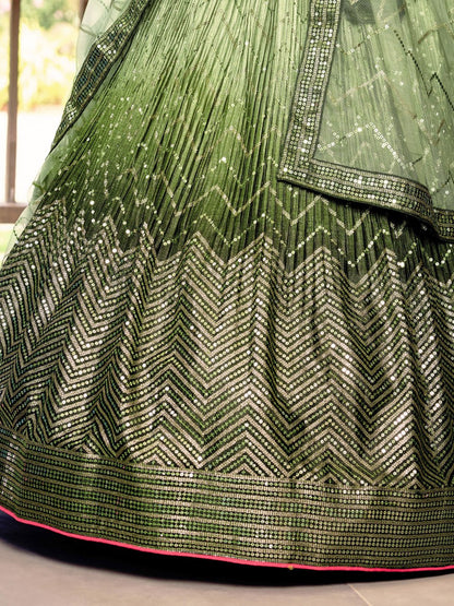 Stylish Olive Green Sequins Work Lehenga Choli with Net Dupatta for wedding