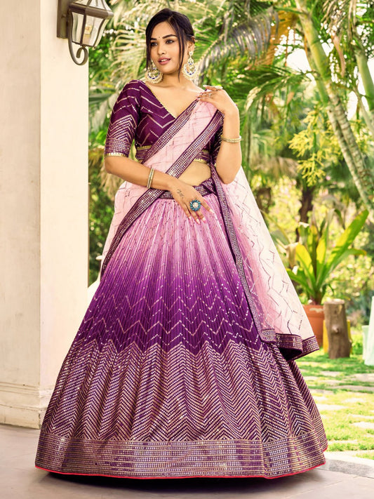 Purple Ombre Sequin Embroidered Lehenga Choli with Net Dupatta