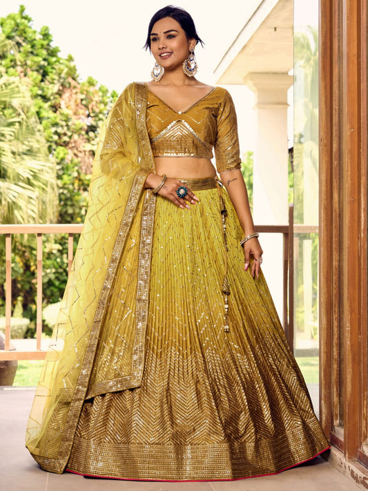 Mustard Gold Ombre Lehenga Choli with Sequin Work and Net Dupatta