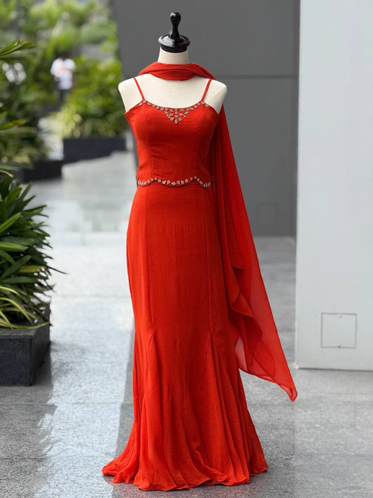 Rust Red Georgette Fish Cut Lehenga Set with Diamond Work Blouse & Dupatta