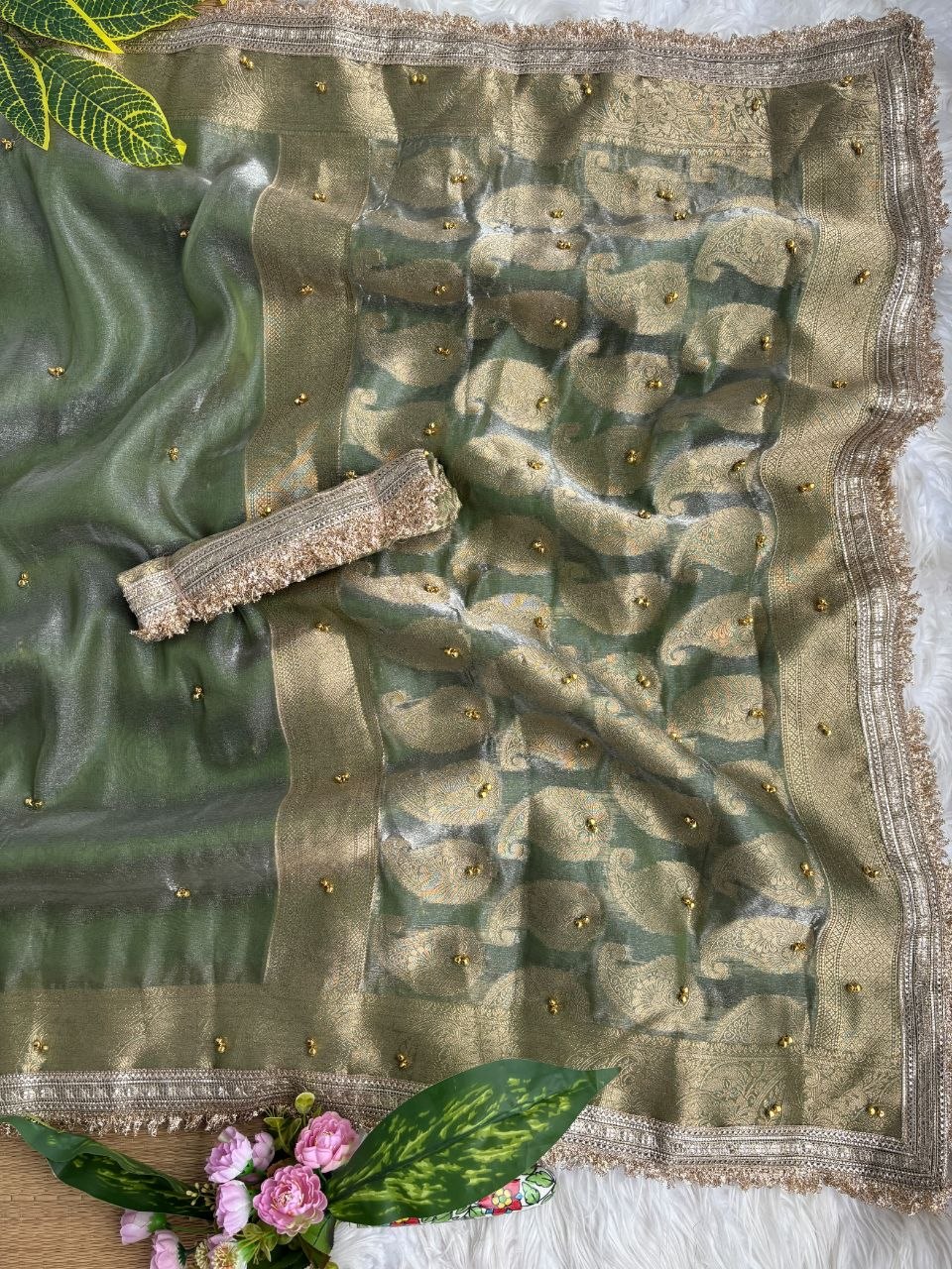 Pure Soft Banarasi Satin Silk Ghungroo Saree with Golden Zari Border
