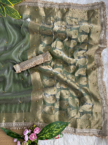 Pure Soft Banarasi Satin Silk Ghungroo Saree with Golden Zari Border
