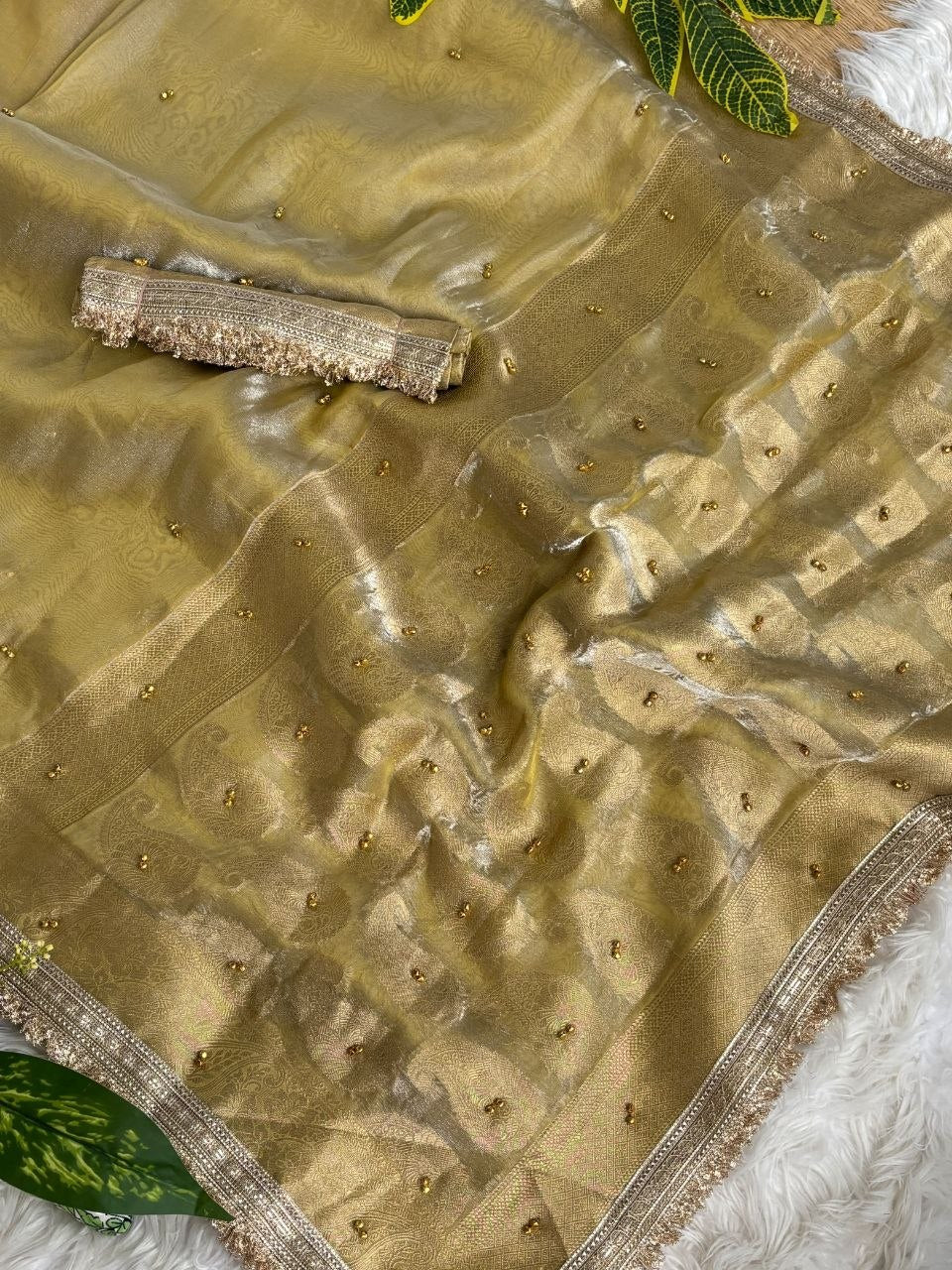 Pure Soft Banarasi Satin Silk Ghungroo Saree with Golden Zari Border