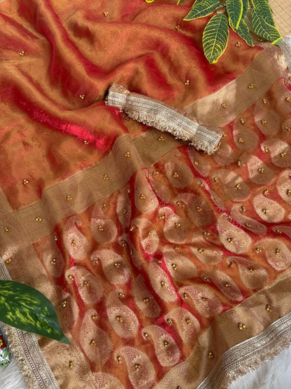 Pure Soft Banarasi Satin Silk Ghungroo Saree with Golden Zari Border