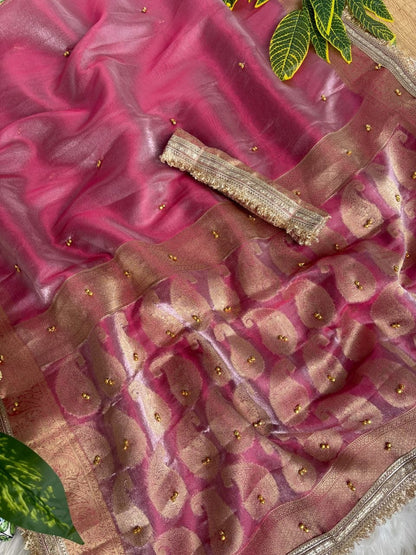 Pure Soft Banarasi Satin Silk Ghungroo Saree with Golden Zari Border