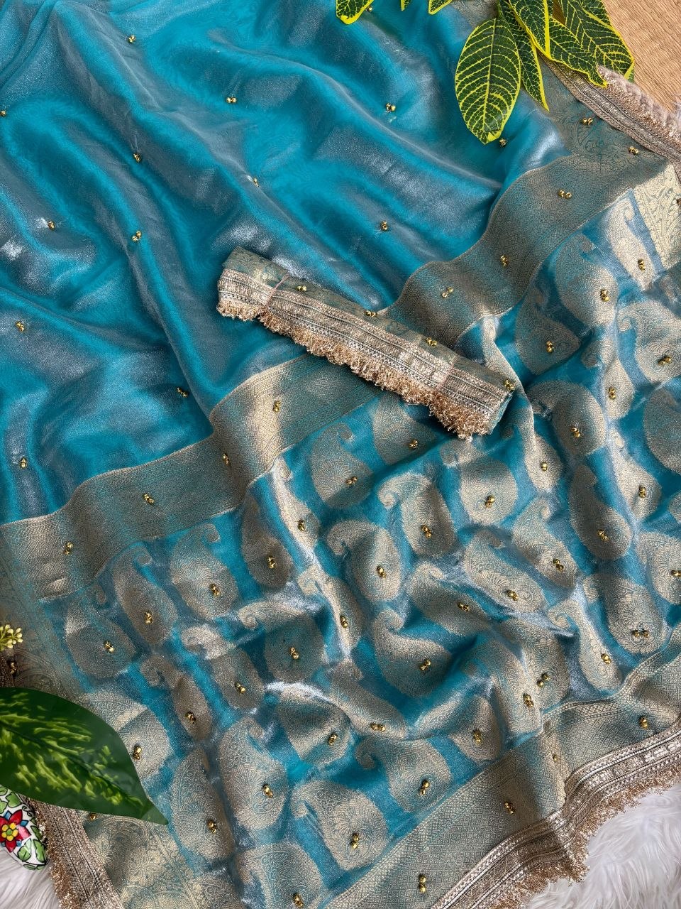 Pure Soft Banarasi Satin Silk Ghungroo Saree with Golden Zari Border