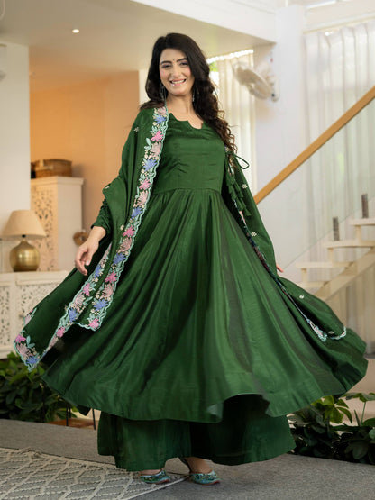 Dark Green Anarkali Gown with Multicolor Floral Embroidered Dupatta