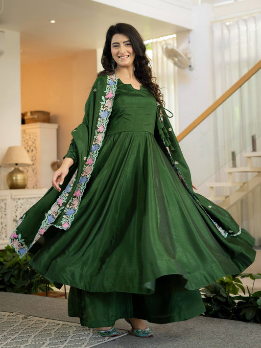 Dark Green Anarkali Gown with Multicolor Floral Embroidered Dupatta