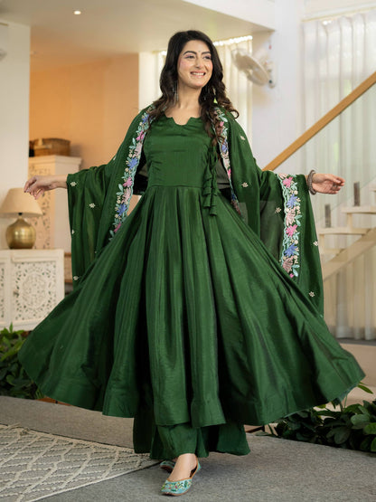 Dark Green Anarkali Gown with Multicolor Floral Embroidered Dupatta