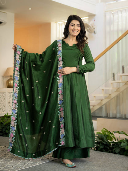 Dark Green Anarkali Gown with Multicolor Floral Embroidered Dupatta