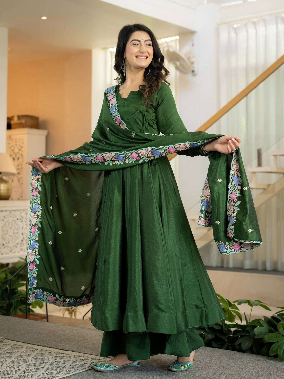 Dark Green Anarkali Gown with Multicolor Floral Embroidered Dupatta